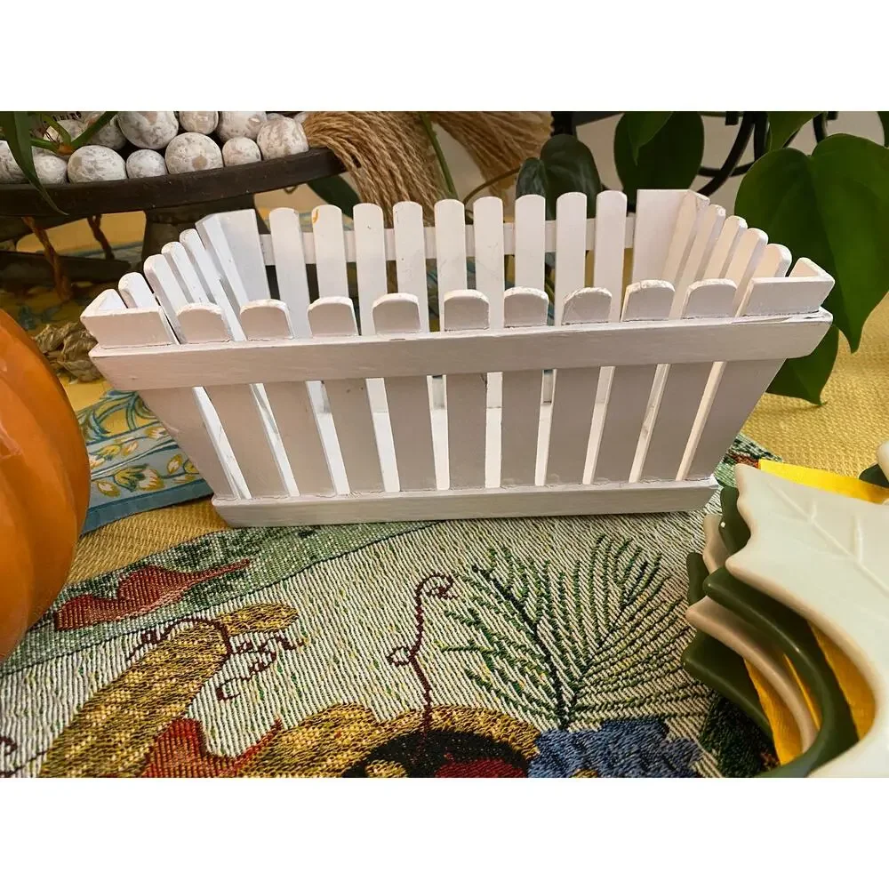 Small White Wood Picket Fence Basket Planter Farmhouse Cottage Decor 7.5